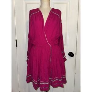 Free People Delilah‎ Embroidered Wrap Mini Dress Hot Pink Boho Size S Small